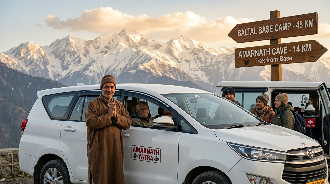 Best taxi service for Amarnath Yatra from Srinagar 2026 - white Toyota Innova SUV on Himalayan road with oxygen cylinder for safety and professional driver greeting pilgrims