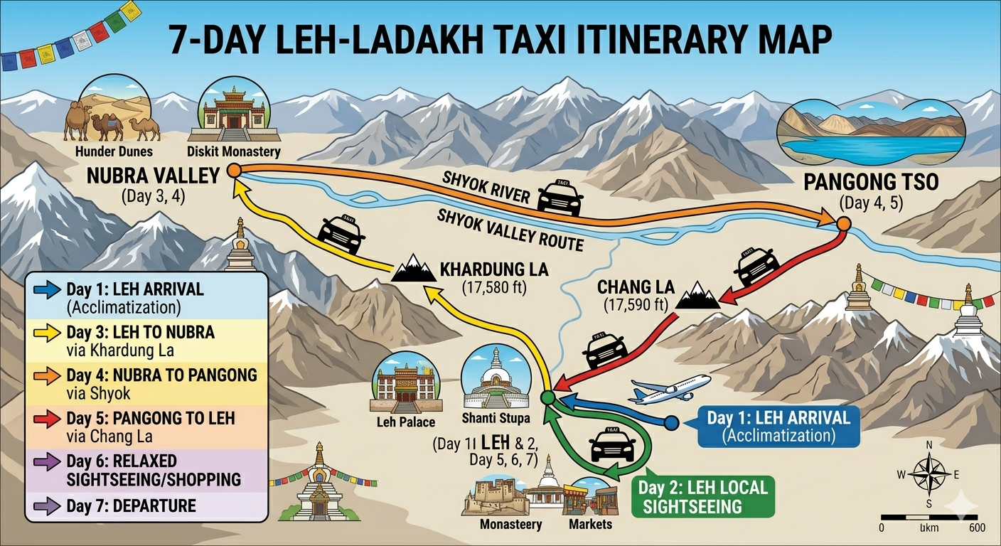 Best taxi service in Leh Ladakh 2026 - 7 day itinerary map showing Leh to Nubra to Pangong circuit