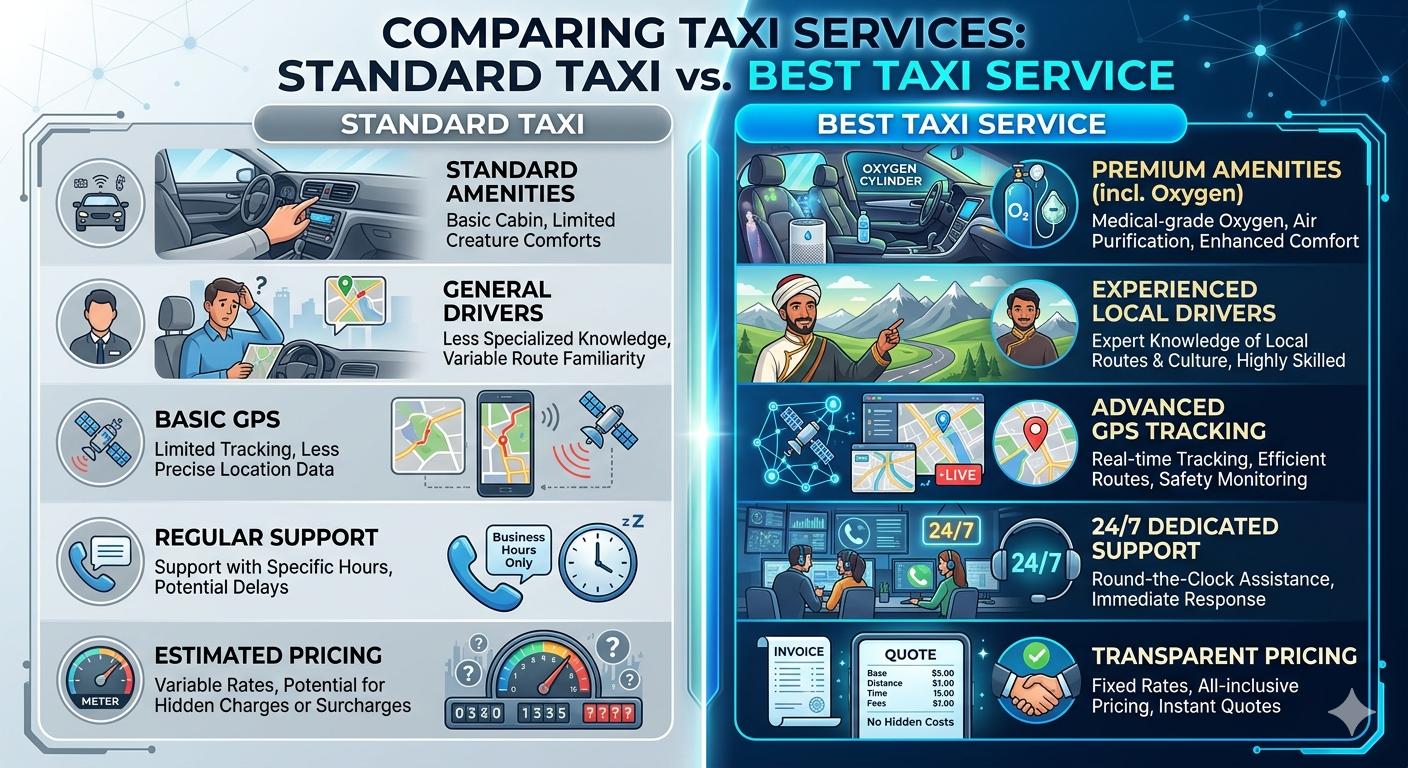 Best taxi service in Leh Ladakh 2026 - features comparison showing professional drivers, safety equipment, permit assistance, and personalized service