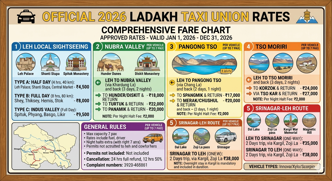 Best taxi service in Leh Ladakh 2026 - official Ladakh Taxi Union rates for all popular routes