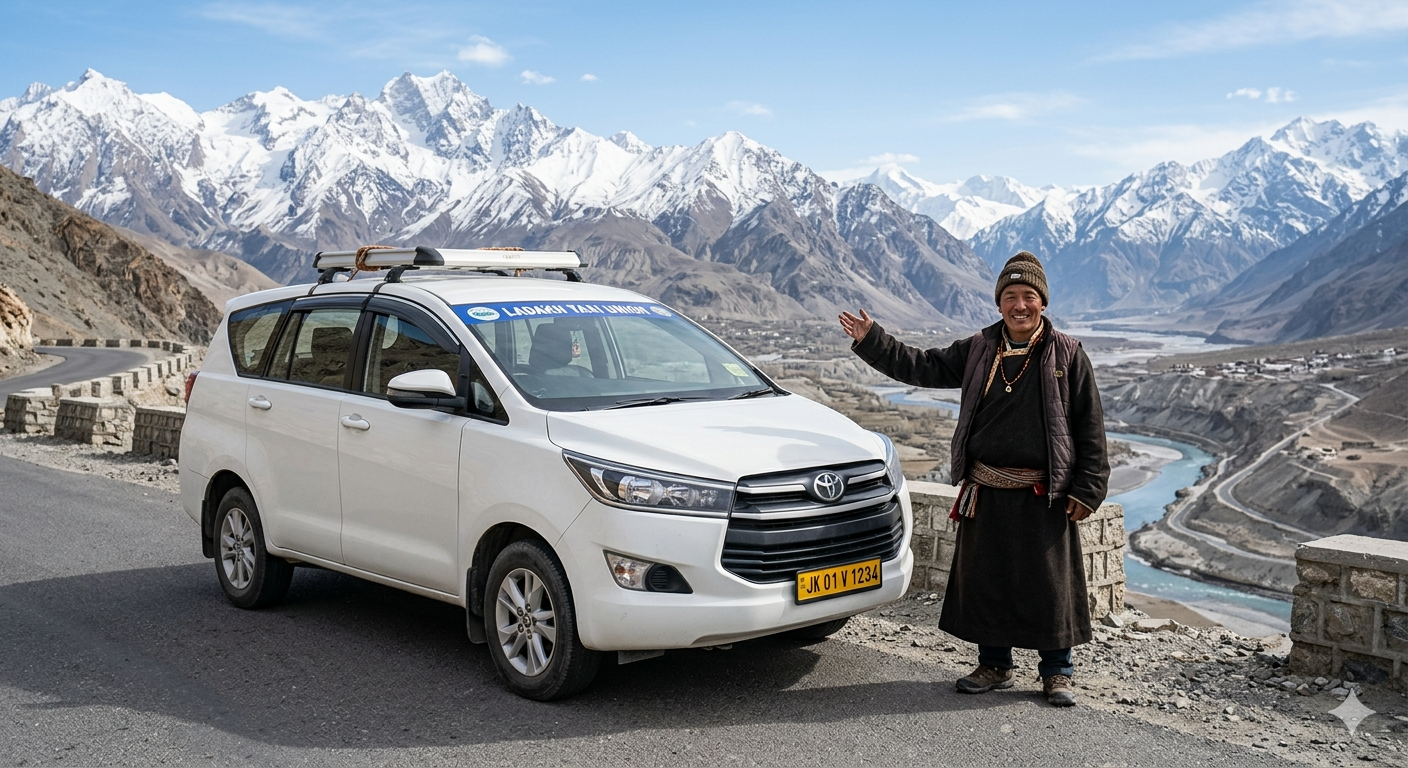 Best taxi service in Leh Ladakh 2026 - professional Ladakhi driver with white Innova SUV on scenic mountain road