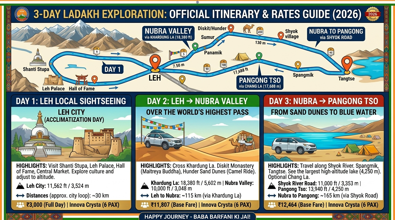 Best Taxi Service in Leh for Sightseeing 2026 | Rates ₹3,000/Day 10 Best taxi service in Leh for sightseeing 2026 - 3 day sample itinerary showing Leh local Nubra Valley and Pangong Lake route with taxi costs