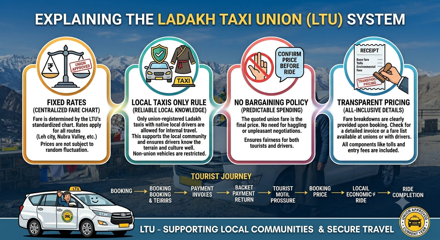 Best Taxi Service in Leh for Sightseeing 2026 | Rates ₹3,000/Day 8 Best taxi service in Leh for sightseeing 2026 Ladakh Taxi Union system explained with fixed rates no bargaining and local taxis only rule