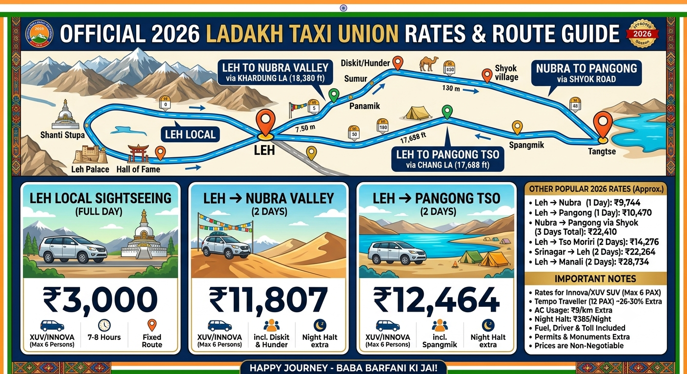 Best Taxi Service in Leh for Sightseeing 2026 | Rates ₹3,000/Day 9 Best taxi service in Leh for sightseeing 2026 - official Ladakh Taxi Union rates for local sightseeing Nubra Valley and Pangong Tso with route map