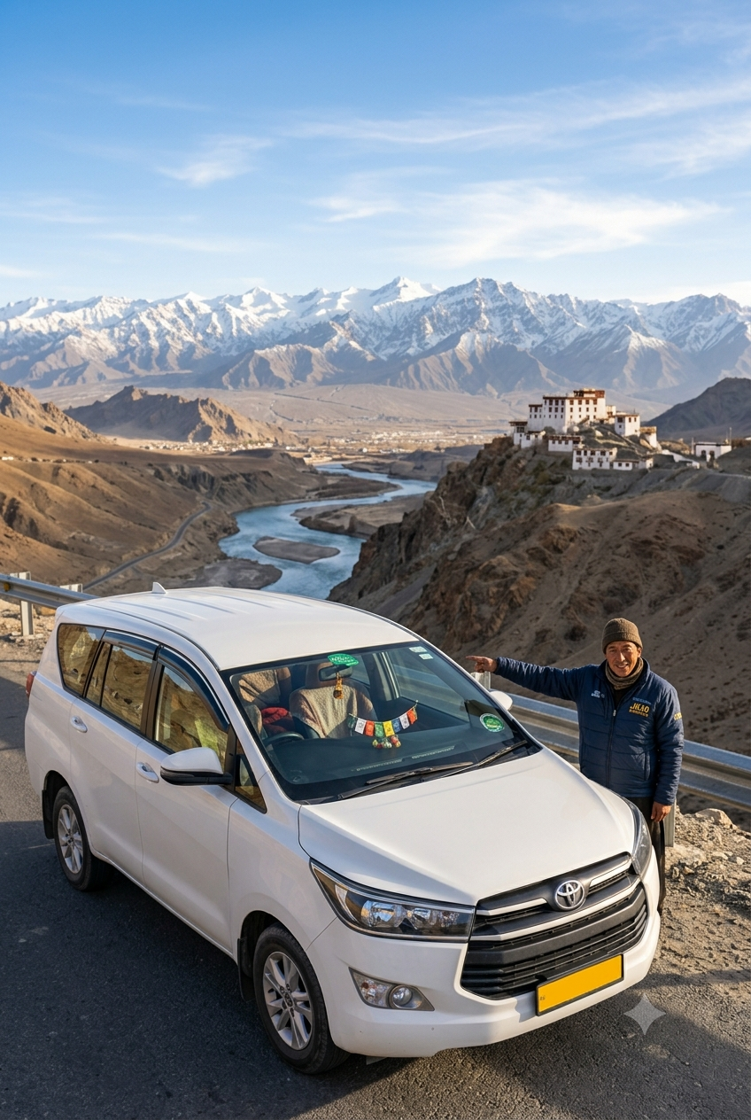 Best taxi service in Leh for sightseeing 2026 - professional Ladakhi driver with Toyota Innova SUV at scenic viewpoint overlooking Indus River valley Ladakh Himalayas