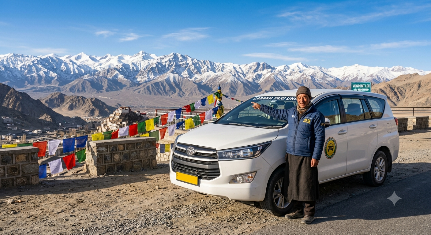 Best Taxi Service in Leh for Sightseeing 2026 | Rates ₹3,000/Day 7 Best taxi service in Leh for sightseeing 2026 professional driver with Toyota Innova SUV at Ladakh scenic viewpoint with mountain backdrop