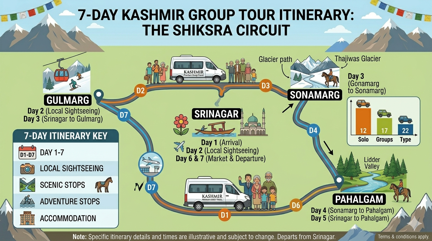Best Tempo Traveller Service in Kashmir 2026 | 12-22 Seater | ₹5,500 12 Best tempo traveller service in Kashmir 2026 - 7 day group tour itinerary map