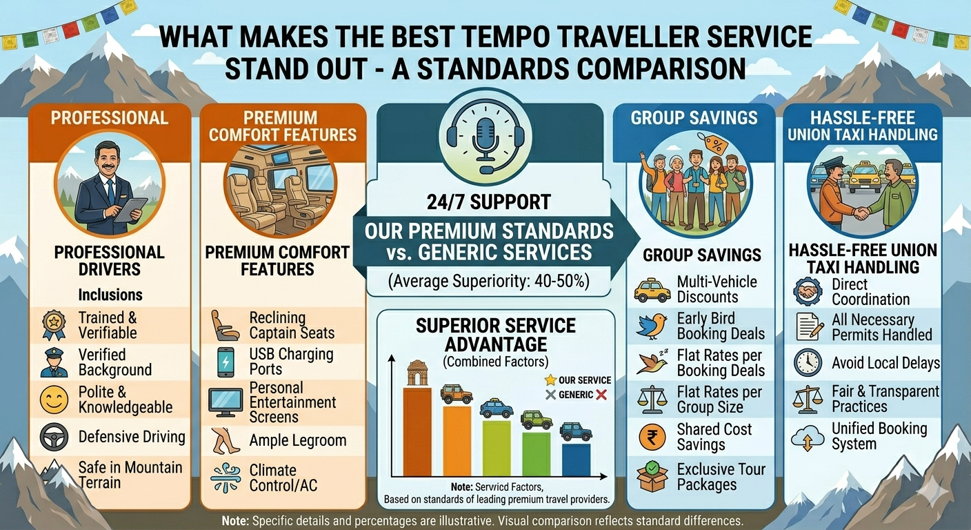 Best Tempo Traveller Service in Kashmir 2026 | 12-22 Seater | ₹5,500 9 Best tempo traveller service in Kashmir 2026 - premium features infographic