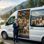 Best tempo traveller service in Kashmir 2026 - professional chauffeur with luxury tempo traveller and happy group at Pahalgam valley