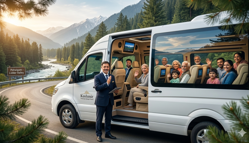 Best tempo traveller service in Kashmir 2026 - professional chauffeur with luxury tempo traveller and happy group at Pahalgam valley