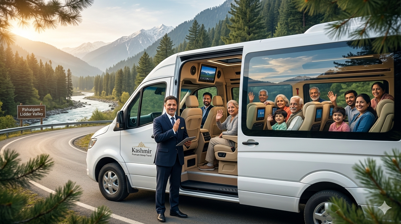 Best tempo traveller service in Kashmir 2026 - professional chauffeur with luxury tempo traveller and happy group at Pahalgam valley
