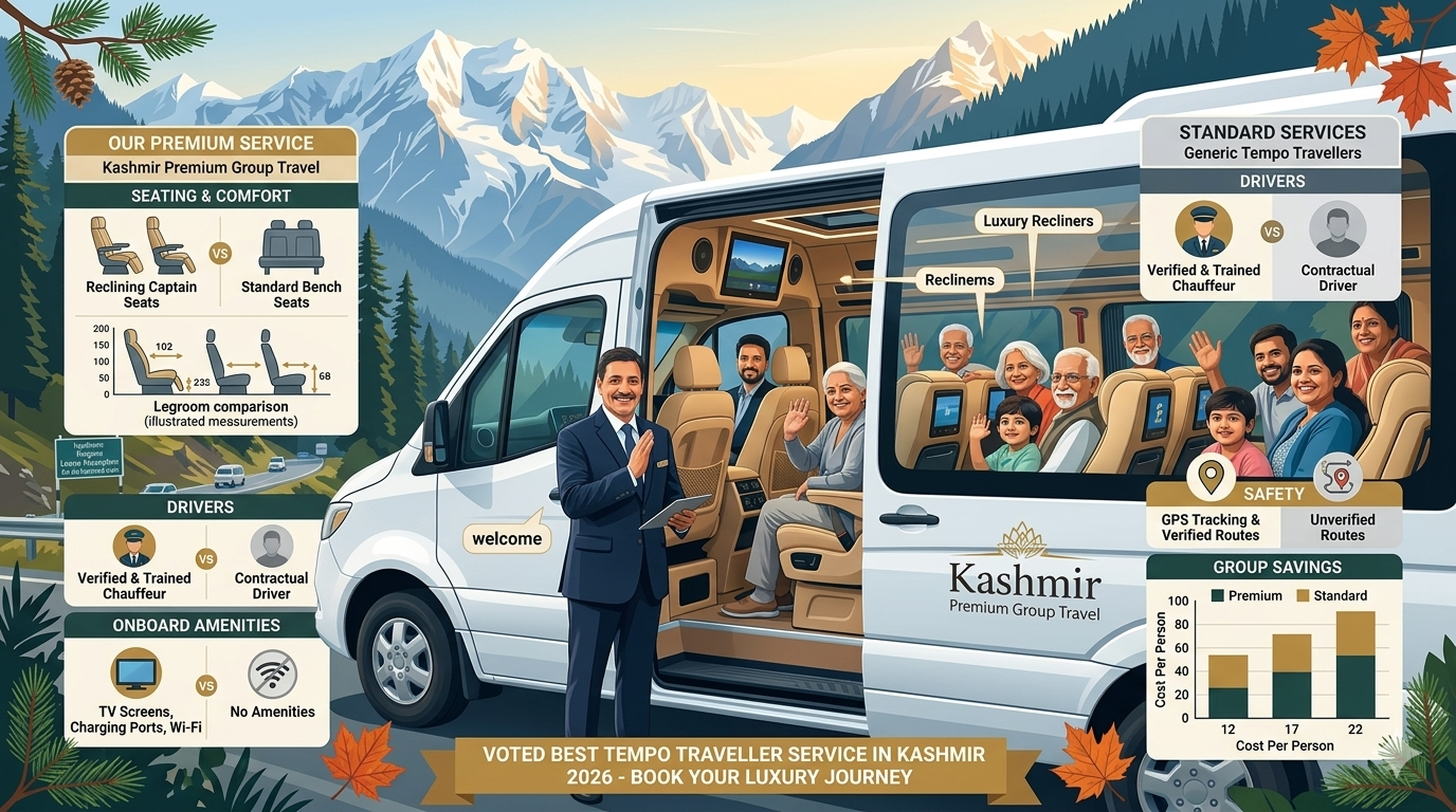 Best Tempo Traveller Service in Kashmir 2026 | 12-22 Seater | ₹5,500 8 Best tempo traveller service in Kashmir 2026 - professional driver with luxury tempo traveller and happy group on scenic road