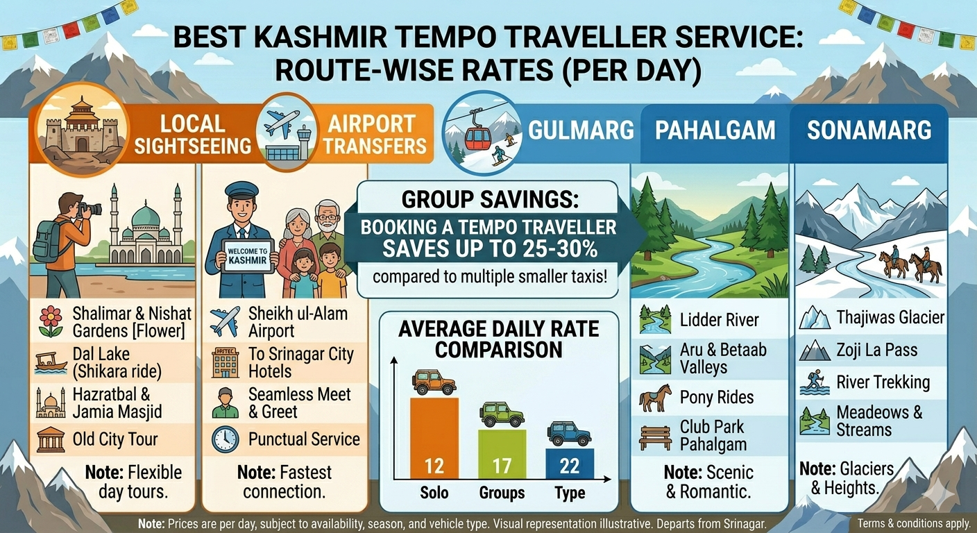Best Tempo Traveller Service in Kashmir 2026 | 12-22 Seater | ₹5,500 11 Best tempo traveller service in Kashmir 2026 - route-wise rates infographic