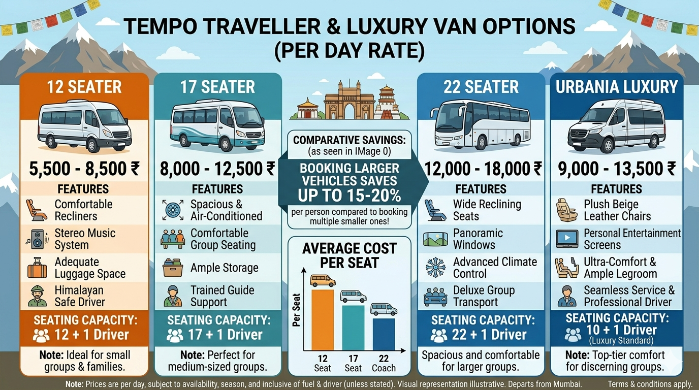 Best Tempo Traveller Service in Kashmir 2026 | 12-22 Seater | ₹5,500 10 Best tempo traveller service in Kashmir 2026 - vehicle options comparison 12 17 22 seater Urbania luxury
