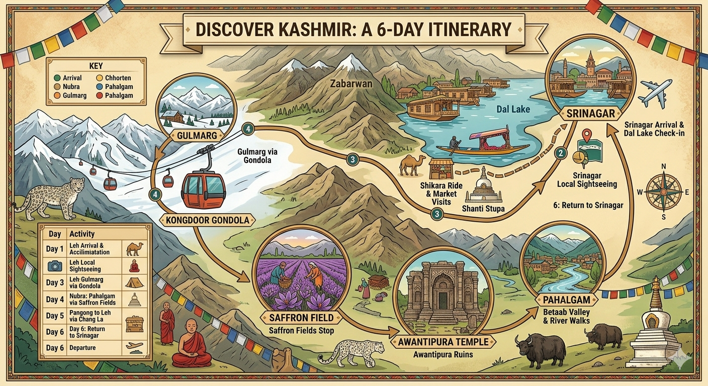 Book Kashmir Tour Package 2026 | 6 Days | Starts ₹22,000 | All-Inclusive 9 Book Kashmir tour package 2026 - 6-day itinerary map Srinagar Gulmarg Pahalgam