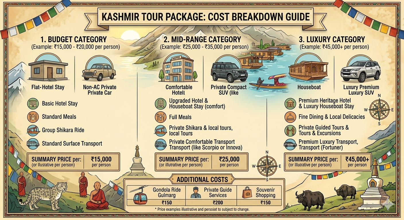 Book Kashmir Tour Package 2026 | 6 Days | Starts ₹22,000 | All-Inclusive 10 Book Kashmir tour package 2026 - cost breakdown infographic