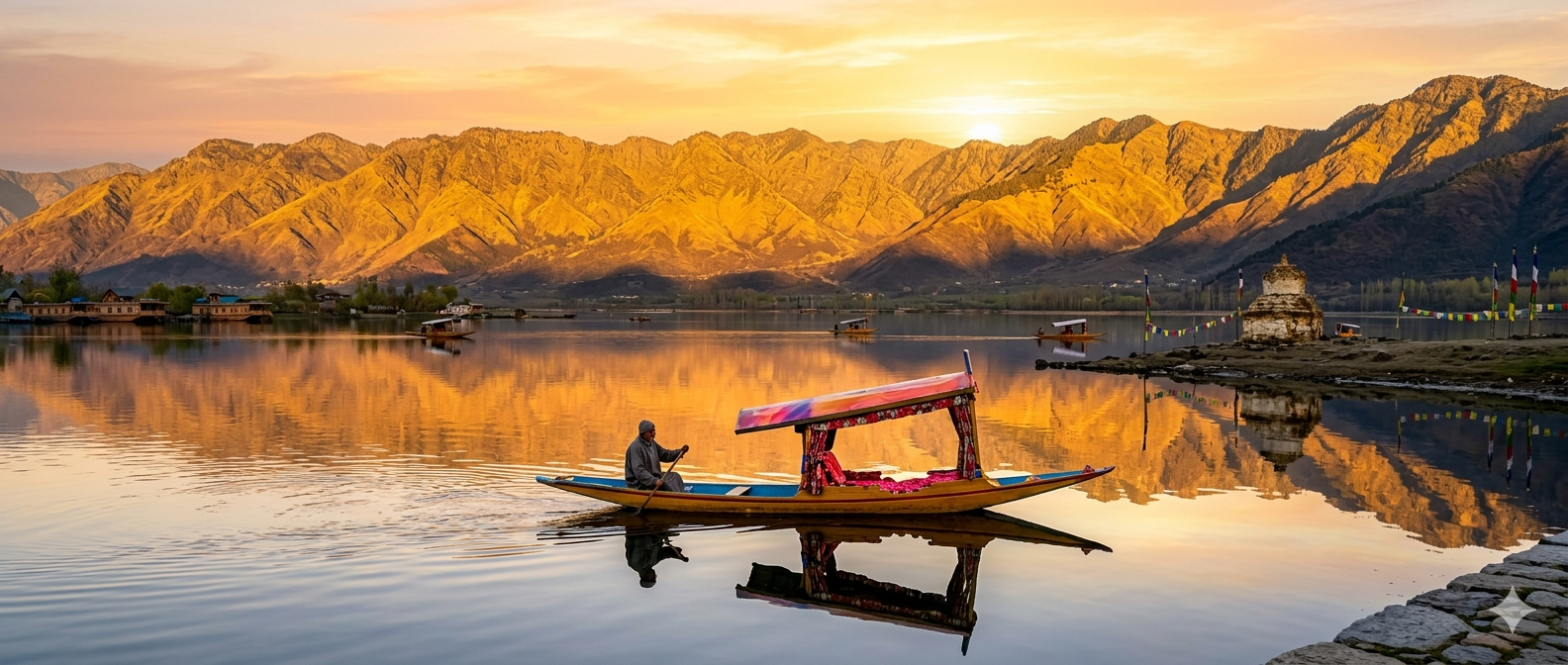 Book Kashmir Tour Package 2026 | 6 Days | Starts ₹22,000 | All-Inclusive 7 Book Kashmir tour package 2026 - sunrise on Dal Lake with shikara and Zabarwan mountains