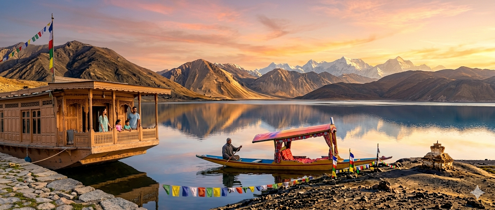 Book Kashmir tour package 2026 - sunset on Dal Lake with houseboat and shikara against Zabarwan mountains