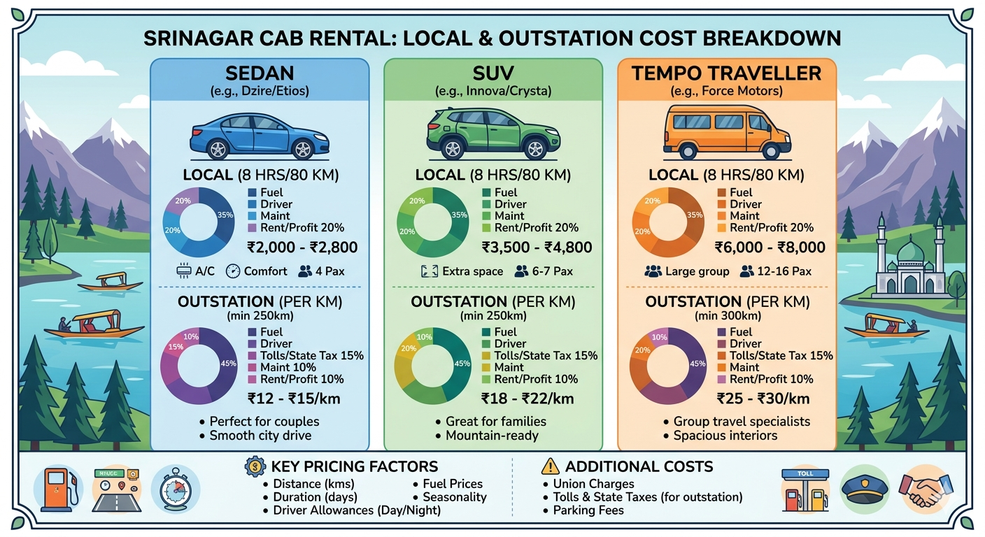 Cab rental in Srinagar 2026 - complete rate card infographic with sedan SUV and tempo traveller prices