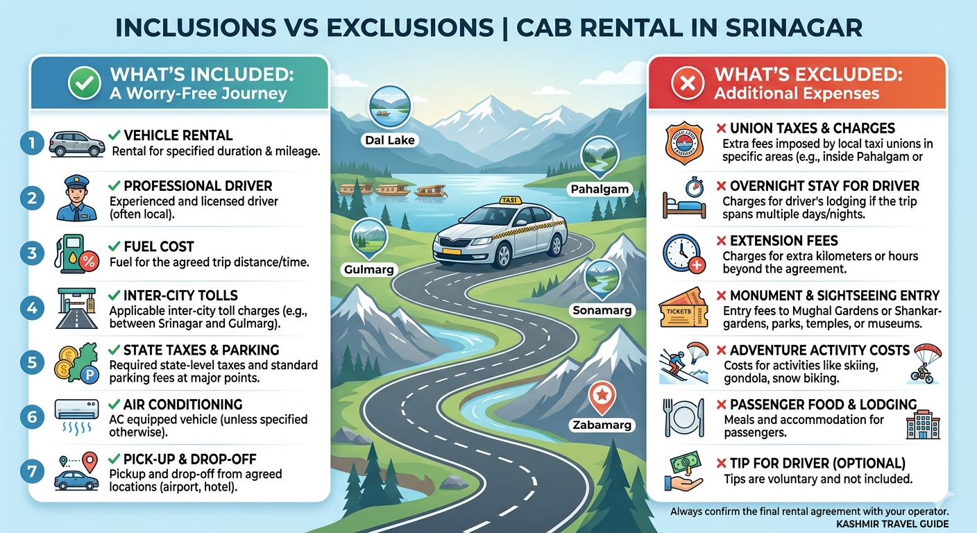 Cab rental in Srinagar 2026 - inclusions and exclusions infographic