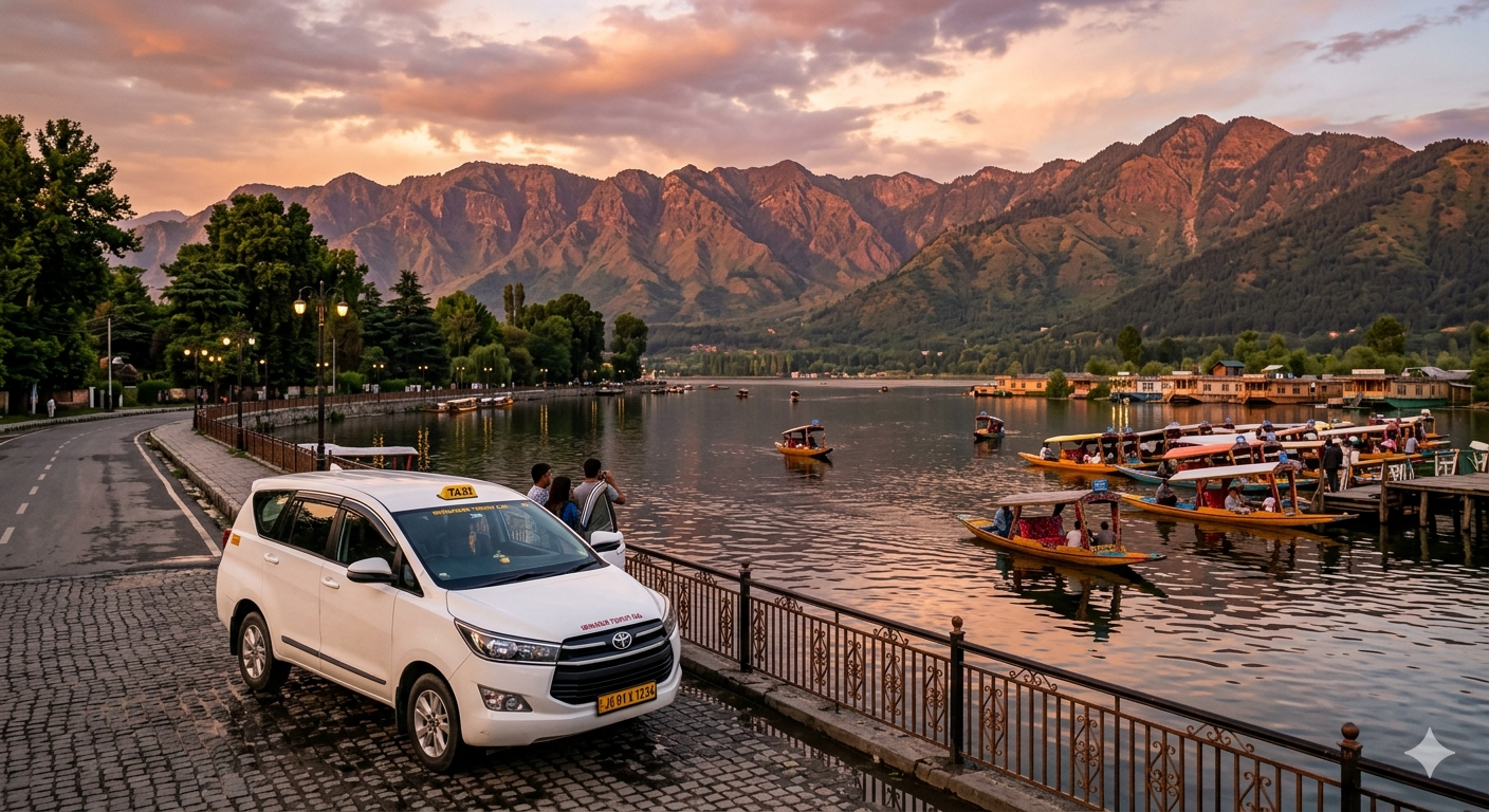 Cab rental in Srinagar 2026 - sedan taxi on Boulevard Road with Dal Lake and Zabarwan mountains
