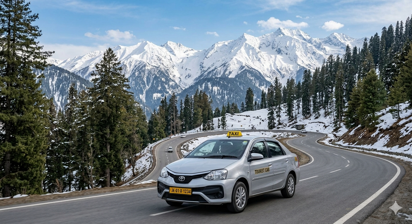Cab rental in Srinagar for Gulmarg tour - taxi on mountain road with snowy peaks