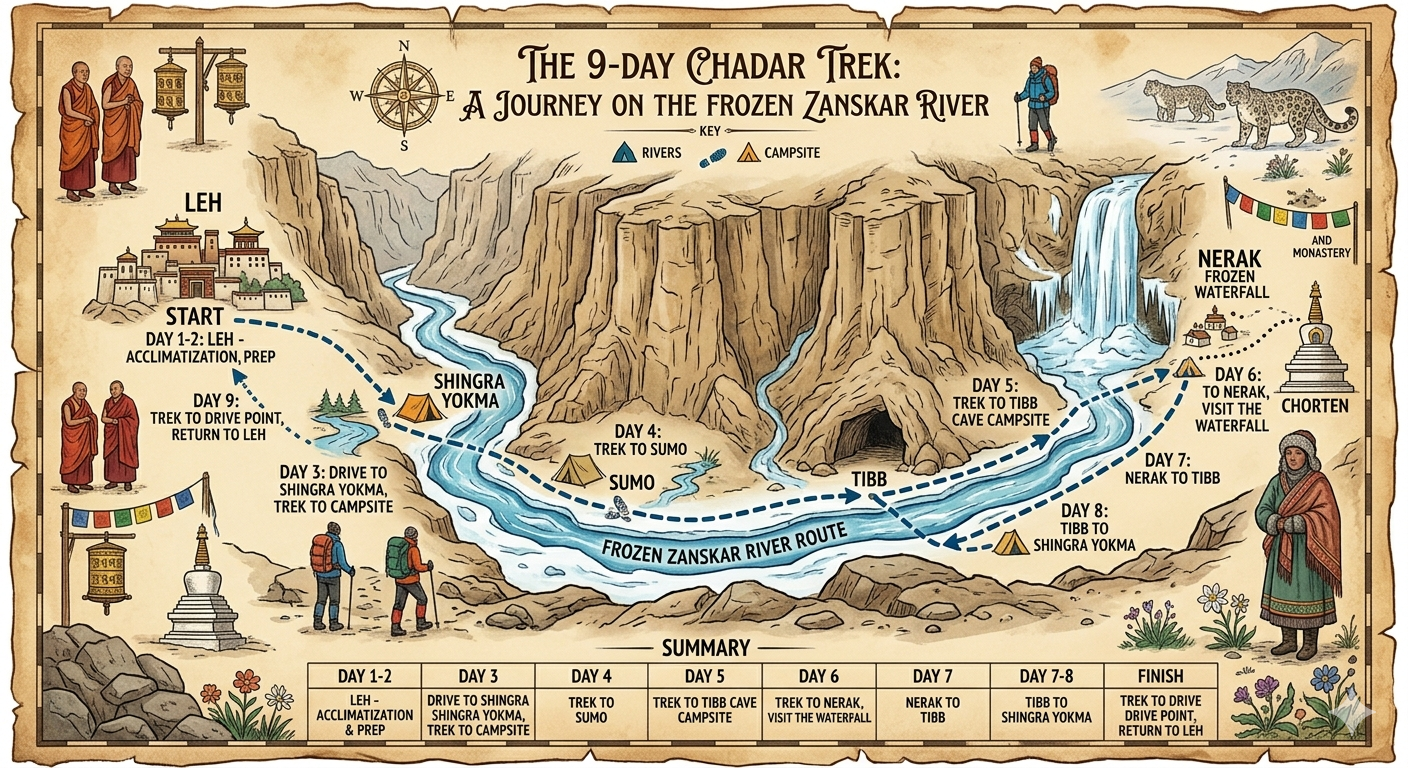 Chadar Trek Booking Zanskar 2026 | 9 Days | ₹25,000 | Complete Guide 11 Chadar trek booking Zanskar 2026 - 9-day itinerary map Leh to Nerak and return