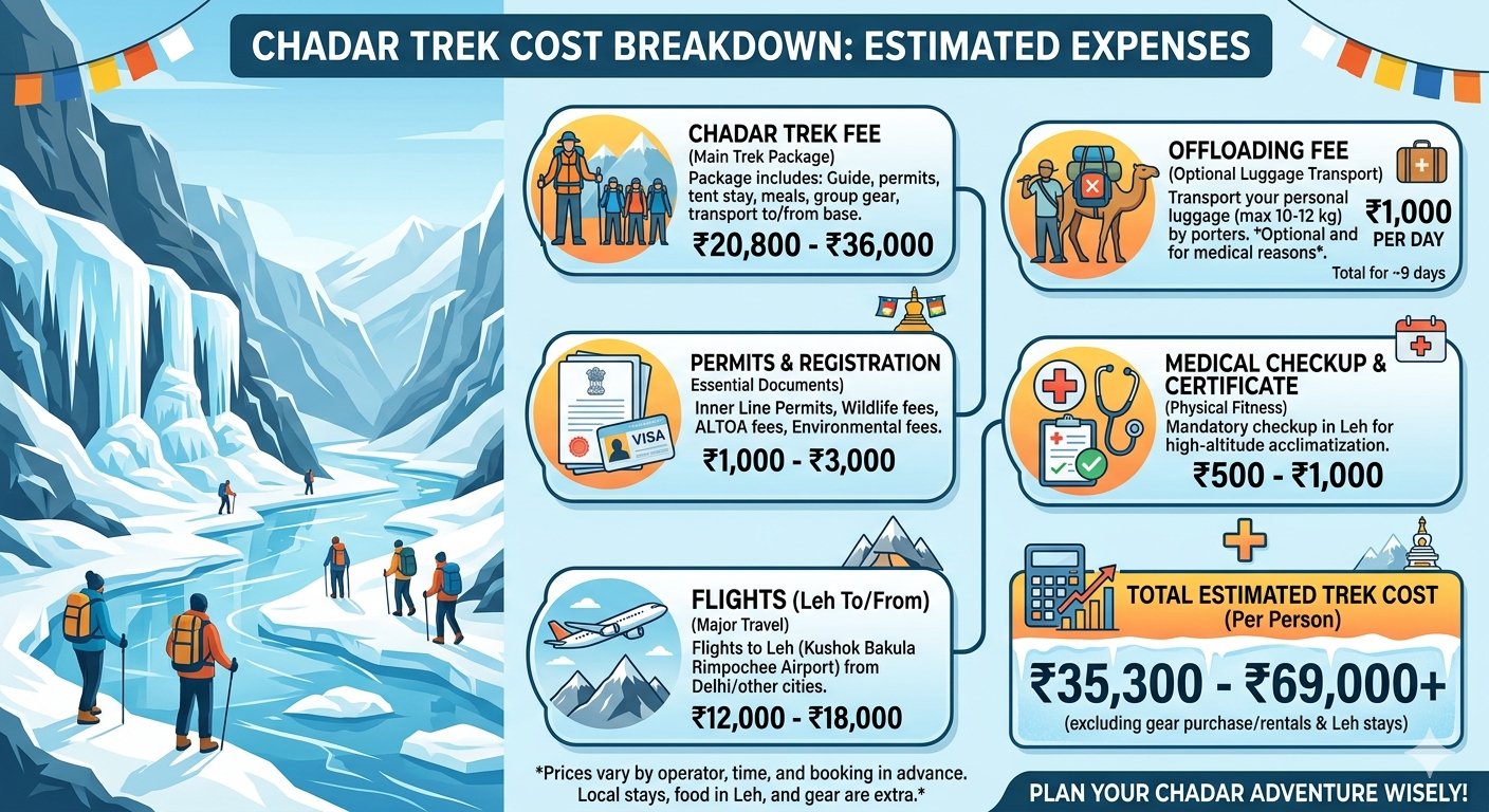 Chadar Trek Booking Zanskar 2026 | 9 Days | ₹25,000 | Complete Guide 8 Chadar trek booking Zanskar 2026 - cost breakdown infographic
