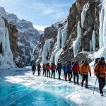  Chadar trek booking Zanskar 2026 - trekkers walking on frozen Zanskar River with icy cliffs