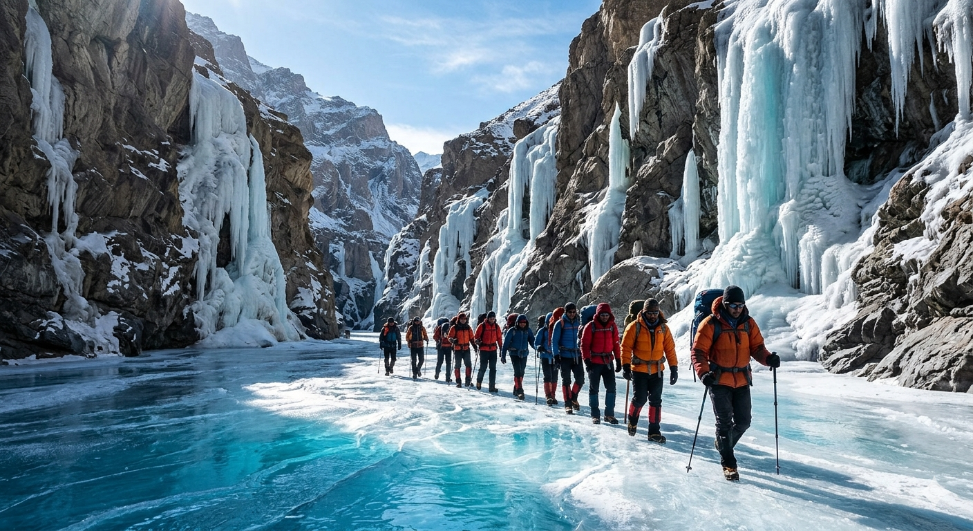  Chadar trek booking Zanskar 2026 - trekkers walking on frozen Zanskar River with icy cliffs
