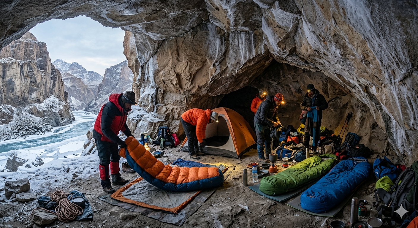 Chadar Trek Booking Zanskar 2026 | 9 Days | ₹25,000 | Complete Guide 9 Chadar trek booking Zanskar - camping at Tibb Cave along frozen river