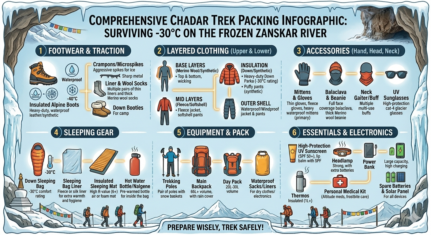 Chadar Trek Booking Zanskar 2026 | 9 Days | ₹25,000 | Complete Guide 12 Chadar trek booking Zanskar - essential packing list for -30°C frozen river trek