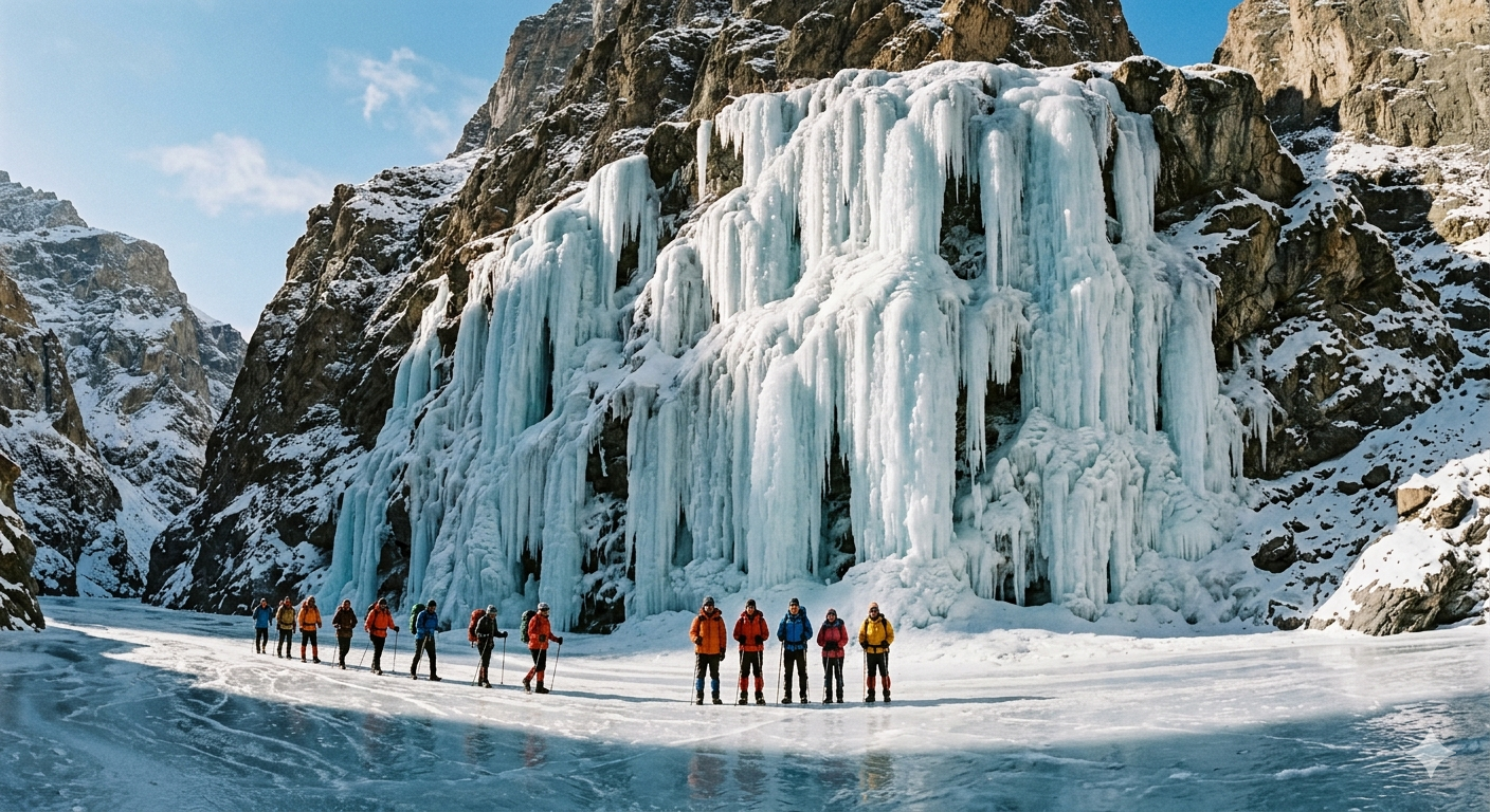 Chadar Trek Booking Zanskar 2026 | 9 Days | ₹25,000 | Complete Guide 10 Chadar trek booking Zanskar - frozen waterfall at Nerak highlight of the trek