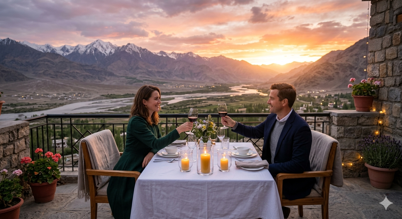 Custom luxury itinerary Leh Ladakh - private 4x4 SUV at Pangong Lake with couple enjoying exclusive view