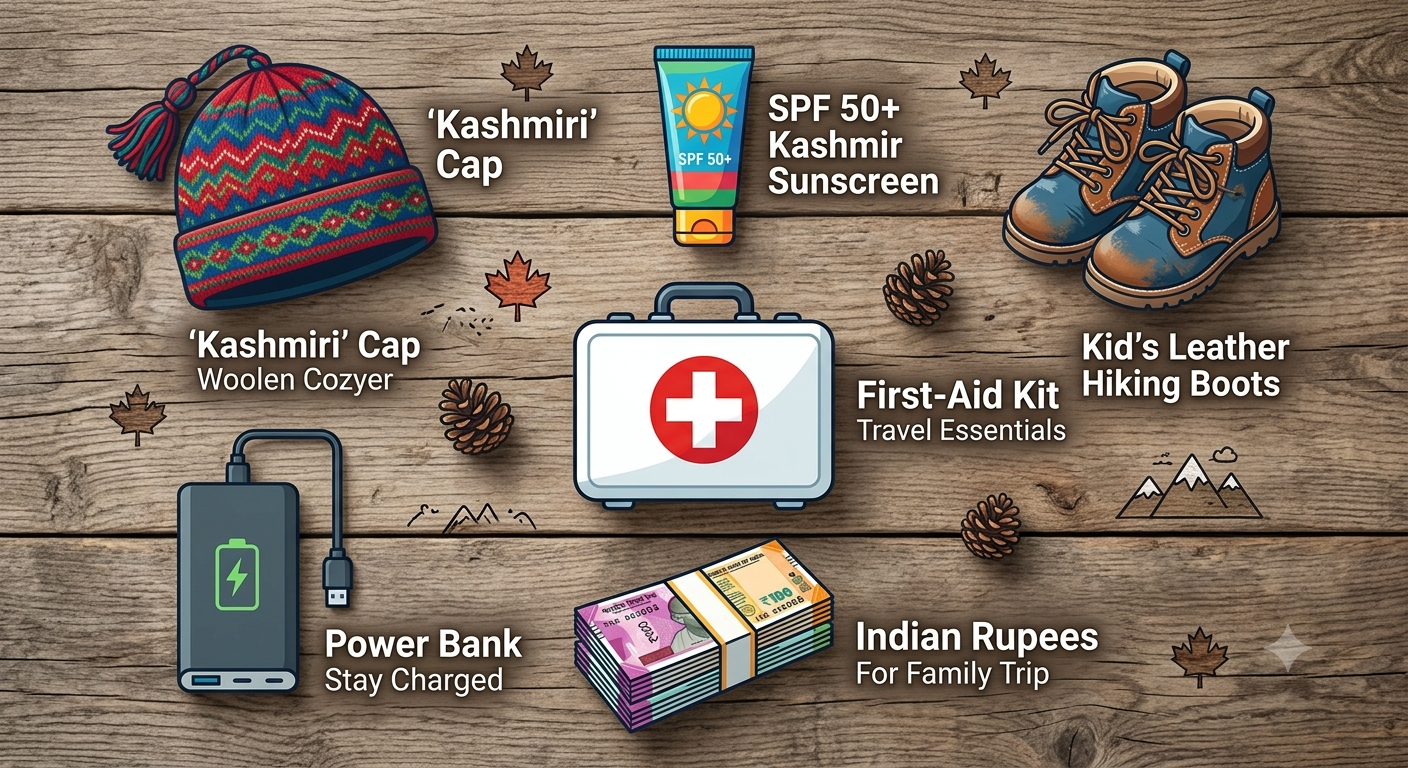 Best Kashmir Family Tour Package 2026 | Exclusive Deals 10 Essential packing checklist for a safe and comfortable Kashmir family tour package showing warm clothes, first aid, and cash