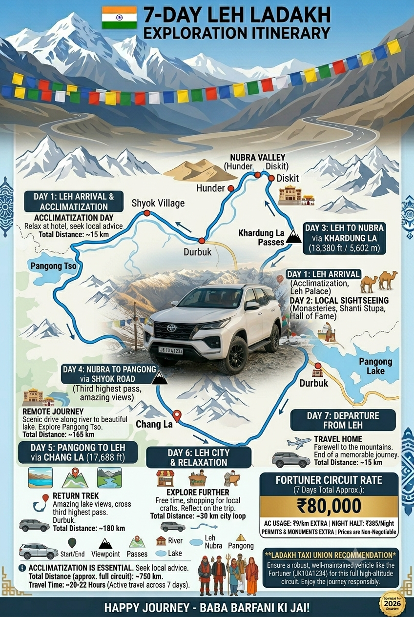 Fortuner for Ladakh trip 2026 - 7 day itinerary map showing Leh to Nubra to Pangong circuit with Fortuner SUV
