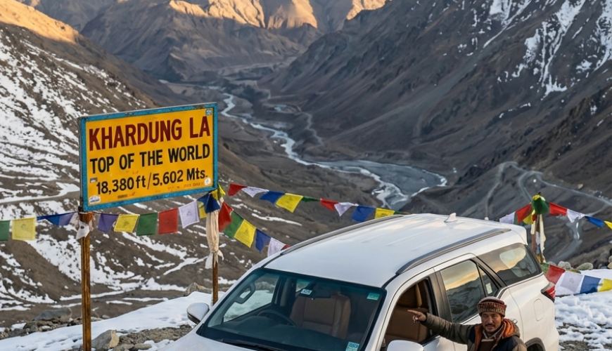 Fortuner for Ladakh trip 2026 - White Toyota Fortuner 4x4 SUV at Khardung La pass 18380 feet world's highest motorable road with prayer flags and Himalayan mountains
