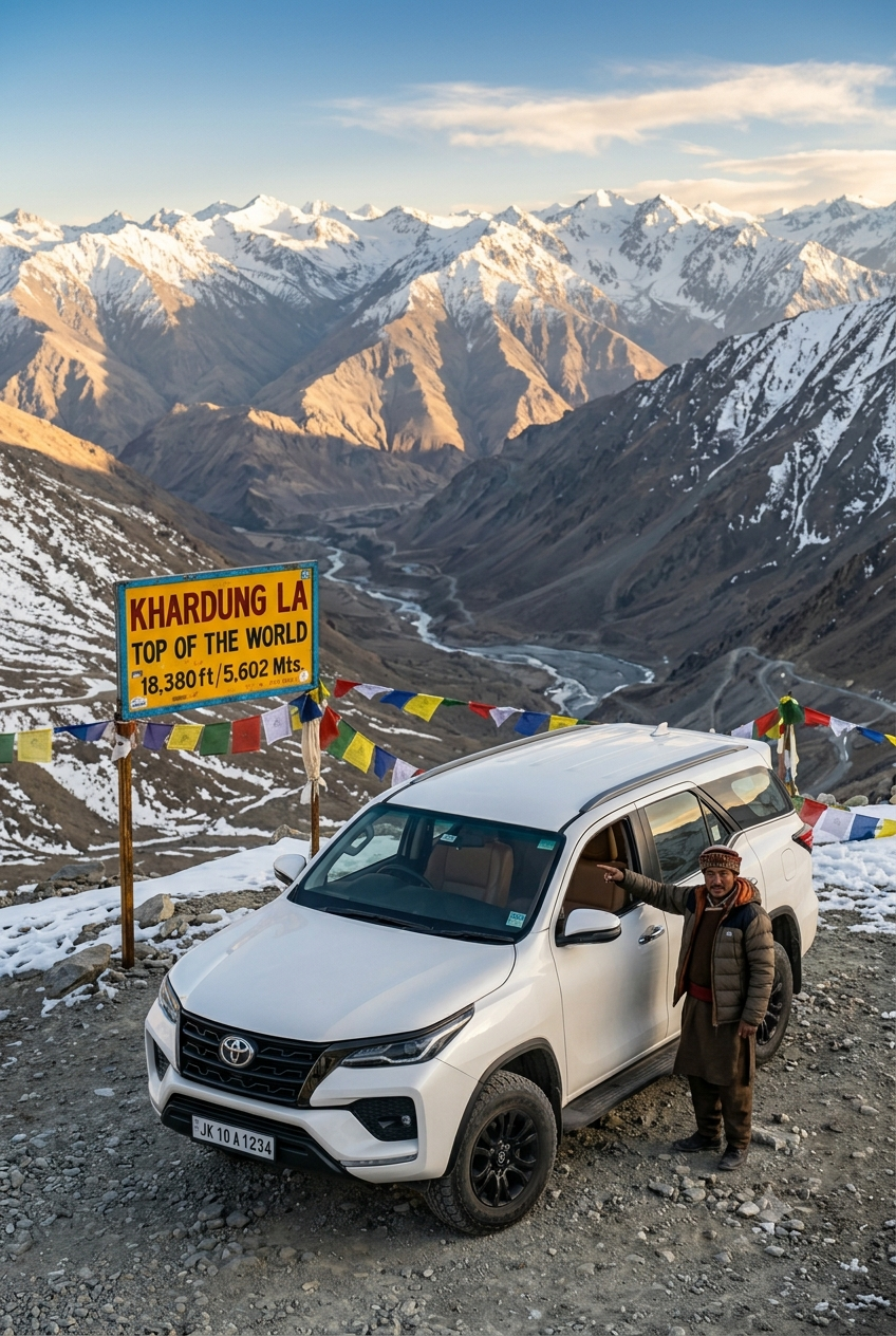 Fortuner for Ladakh trip 2026 - White Toyota Fortuner 4x4 SUV at Khardung La pass 18380 feet world's highest motorable road with prayer flags and Himalayan mountains