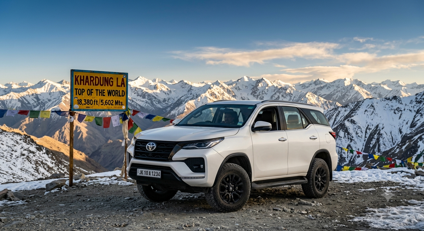 Fortuner for Ladakh trip 2026 - White Toyota Fortuner SUV at Khardung La pass 18380 feet with snow-capped Himalayan mountains