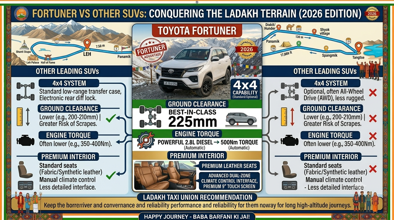 Fortuner for Ladakh trip 2026 - comparison infographic showing 4x4 capability, 225mm ground clearance, premium leather seats, and off-road features