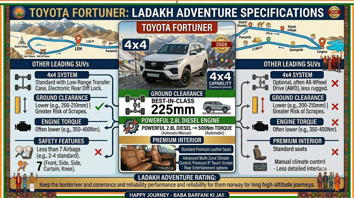 Fortuner for Ladakh trip 2026 - technical specifications infographic showing 2.8L engine 500Nm torque 225mm ground clearance 4x4 and safety features
