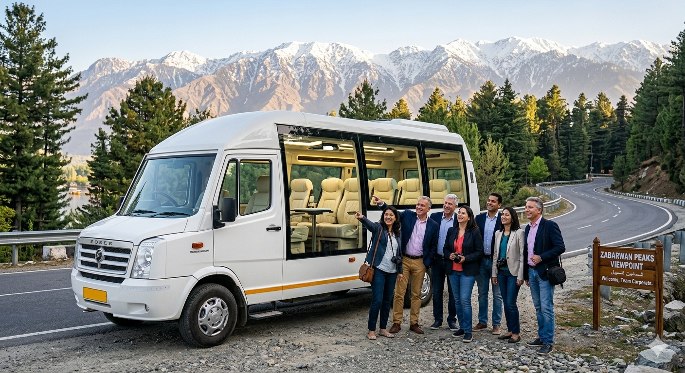 Tempo Traveller Hire Kashmir for Group 2026 | 12-17 Seater | ₹5,500/day 8 Tempo Traveller hire Kashmir for group 2026 - group of travelers with white tempo traveller on scenic Kashmir mountain road with snow-capped peaks