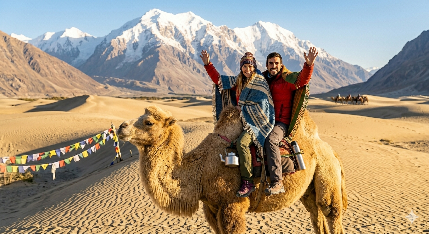 Leh Ladakh Honeymoon Package Cost 2026 | 6 Days @ ₹27,999 11 Leh Ladakh honeymoon package cost - couple riding Bactrian camels together at Hunder Sand Dunes
