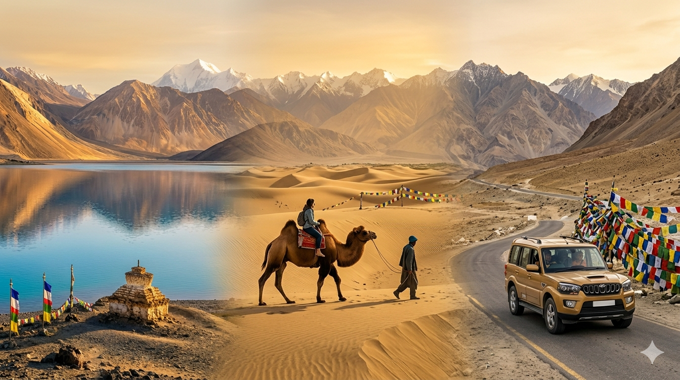 Ladakh package with Nubra and Pangong 2026 - Pangong Lake, Nubra camel safari, and Khardung La road in one view