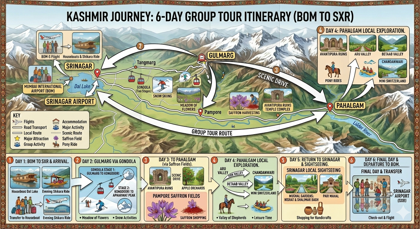 Group Tour to Kashmir from Mumbai 2026 | 6 Days | ₹24,000 | Book Now 8 Group tour to Kashmir from Mumbai 2026 - 6-day itinerary map