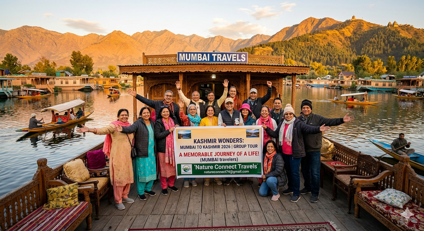 Group Tour to Kashmir from Mumbai 2026 | 6 Days | ₹24,000 | Book Now 6 Group tour to Kashmir from Mumbai 2026 - happy group on houseboat with Dal Lake and mountains
