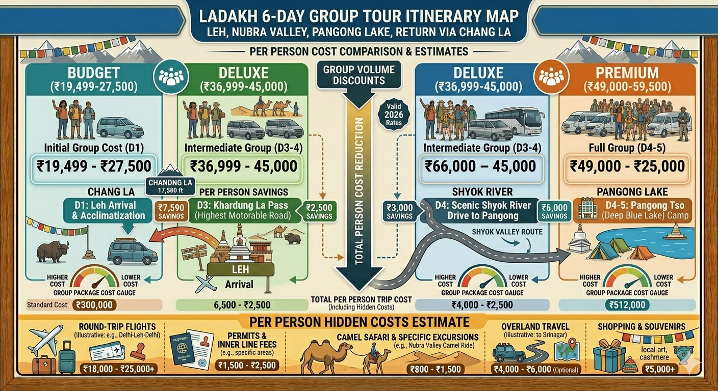 Group trip to Ladakh cost per person 2026 - 6 day group itinerary map