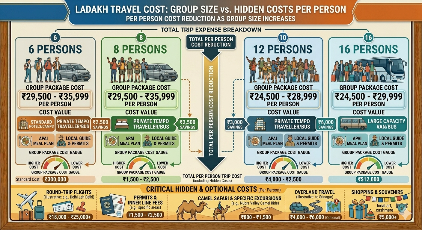 Group trip to Ladakh cost per person 2026 - cost breakdown by group size and hidden expenses