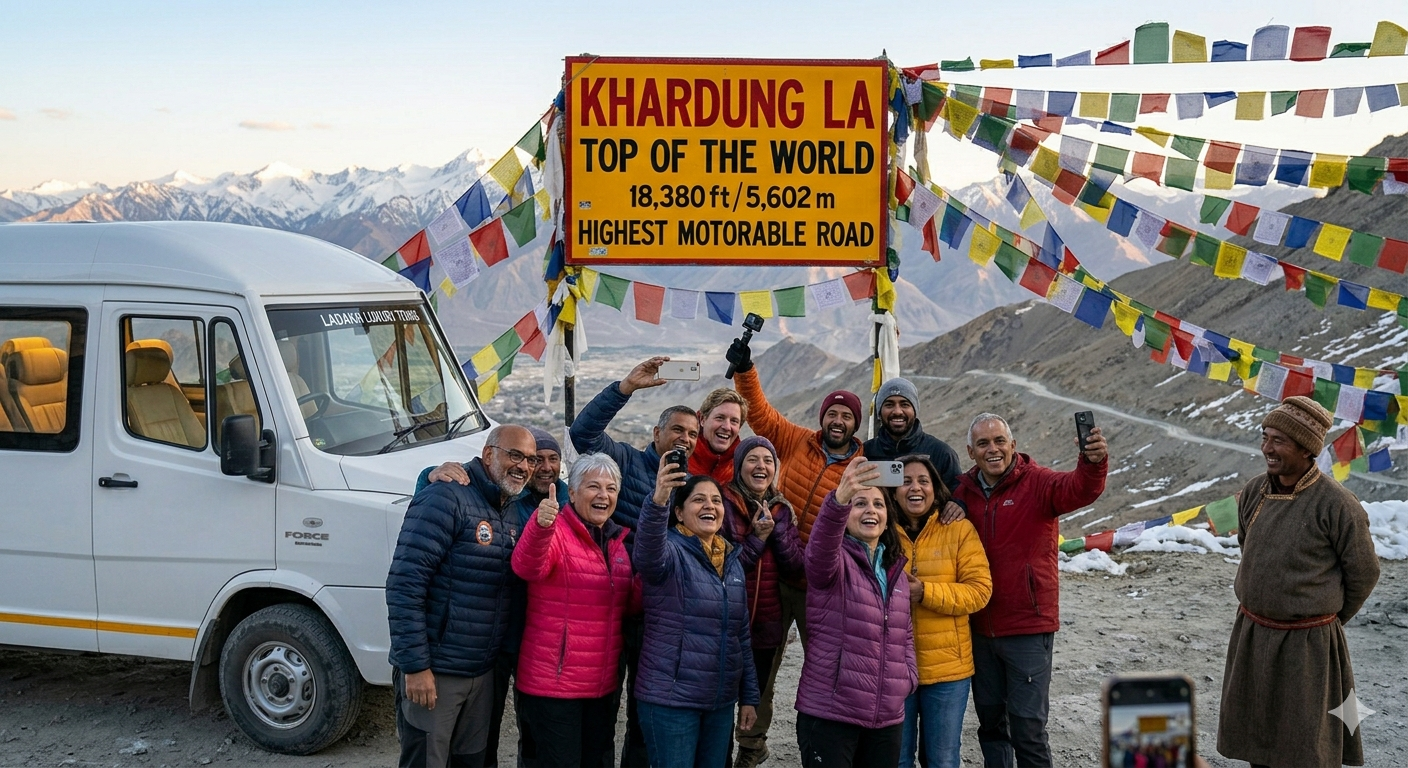 Group trip to Ladakh cost per person 2026 - happy group at Khardung La pass with tempo traveller