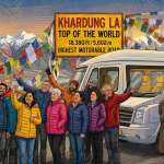 Group trip to Ladakh cost per person 2026 - happy group of 12 travelers at Khardung La pass 18380 feet with tempo traveller